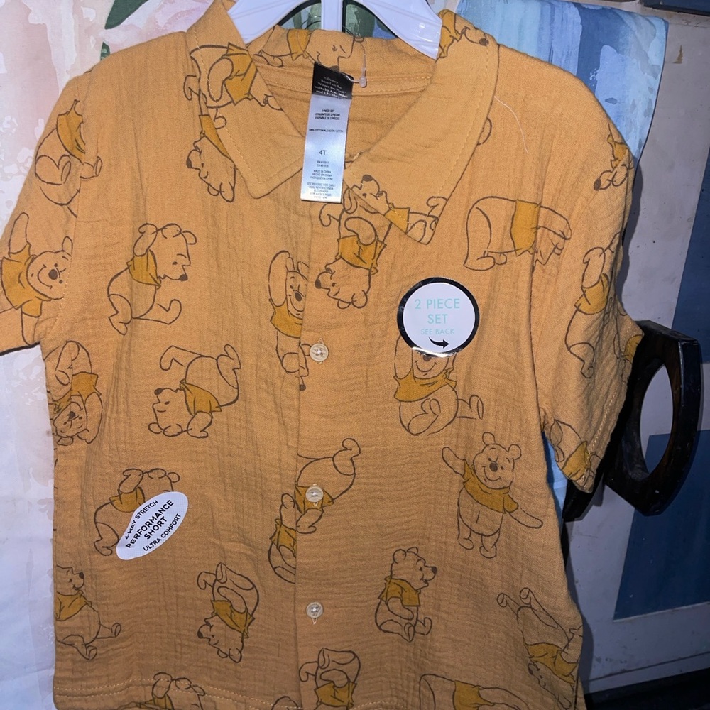 Yellow Winnie the Pooh Button-Up Shirt/shorts